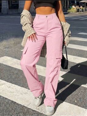 SHEIN Pink High-Waist Wide-Leg Cargo Pants
